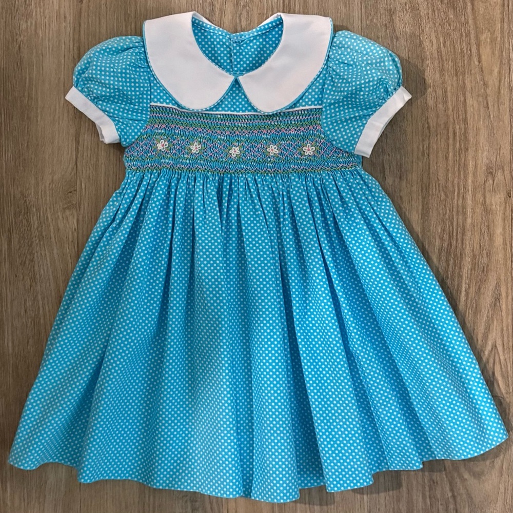 Ti Ti Kids Smocked Blue Polka Dot Dress-size 6 months